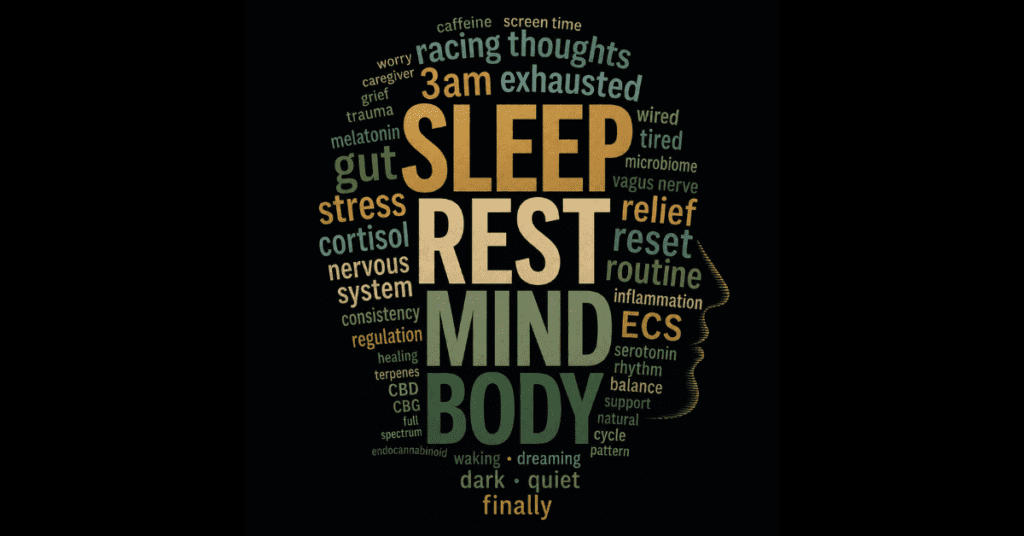 Word cloud about sleep and rest; central terms SLEEP, REST, MIND, BODY with related words around.