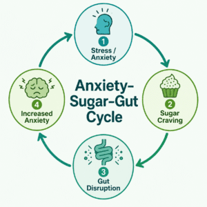 Circular infographic showing the anxiety-sugar-gut vicious cycle and how each step feeds the next