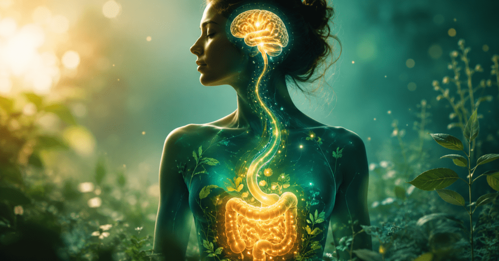 Illustration of the gut-brain connection showing the endocannabinoid system's role in digestive health