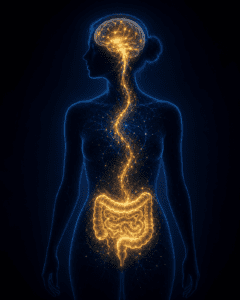 Diagram showing the vagus nerve pathway running from the brainstem to the gut, carrying bidirectional signals