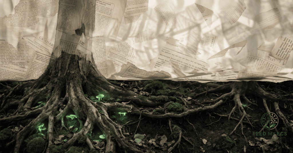 Tree roots spread underground beneath a swirl of floating newspapers; small green bioluminescent mushrooms emerge from the soil.